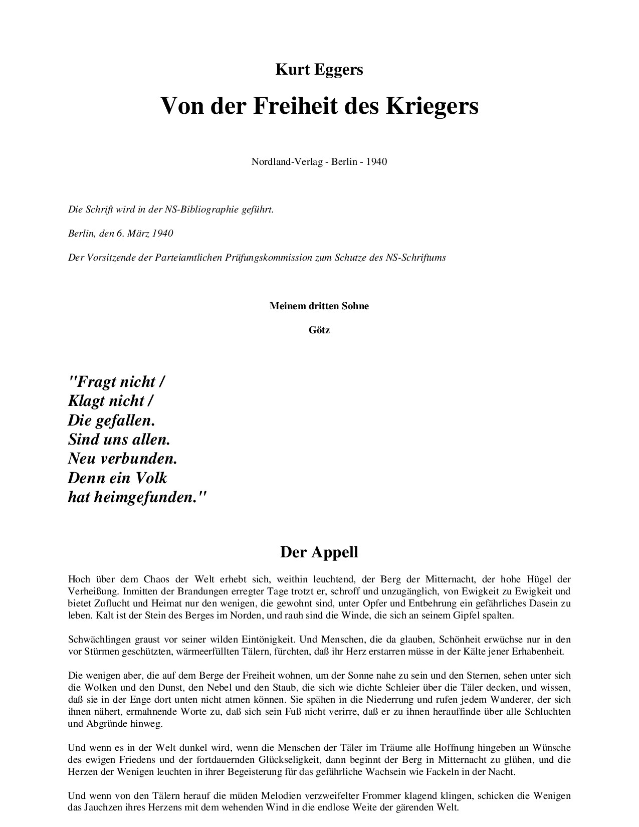 Von der Freiheit des Kriegers (1940, 21 S., Text)