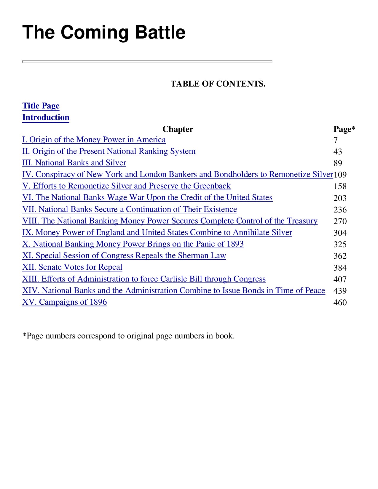 The Coming Battle, Table of Contents