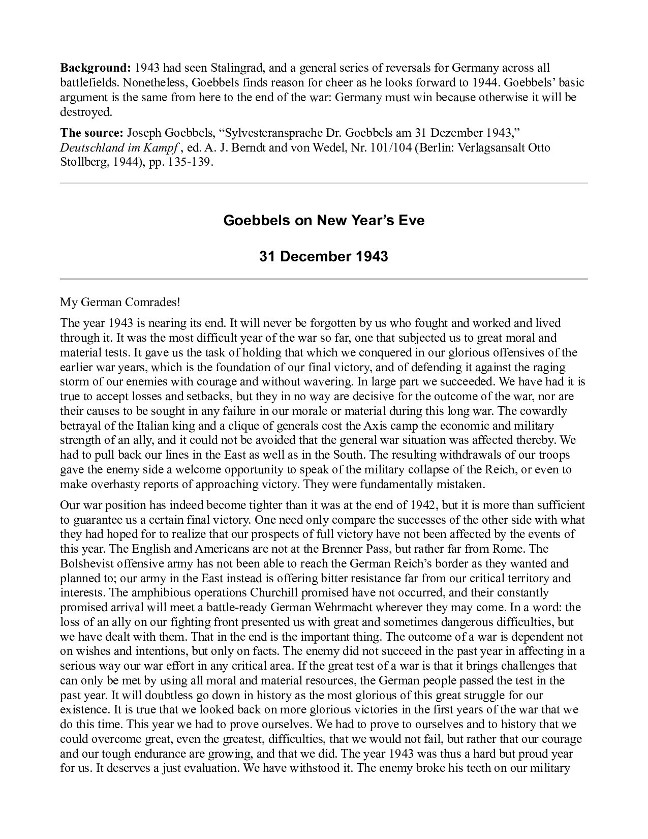 New Years Eve Speech - 1943 - Goebbels